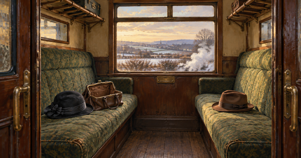 An empty 1920s railway compartment with a lady’s hat and handbag on one seat and a man’s brown hat on the other