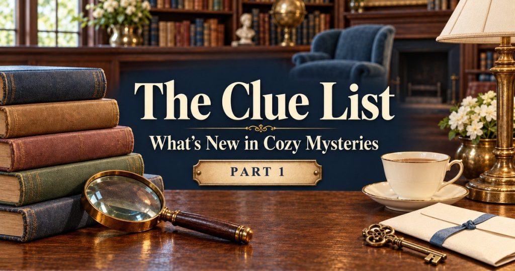 The Clue List: What's New in Cozy Mysteries, Part 1. Vintage books, a magnifying glass, a teacup and an old key on a library desk.
