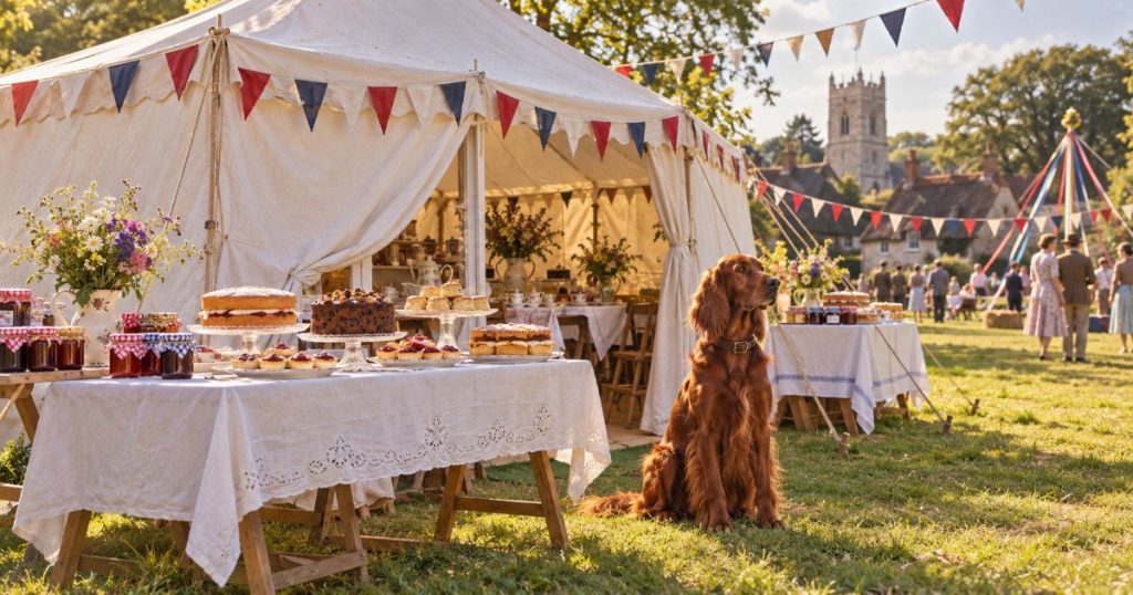 A 1940s English village country fair: a white marquee hung with red, white and blue bunting, trestle tables of cakes and jam, and a red setter sitting on the grass beside the tent